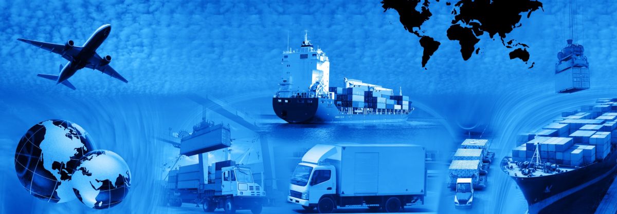 Transport planner analyzing job market data on computer with freight logistics icons in background