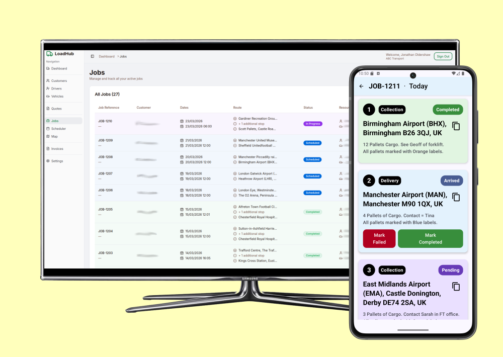 Computer screen and a Mobile displaying Drivers Jobs.